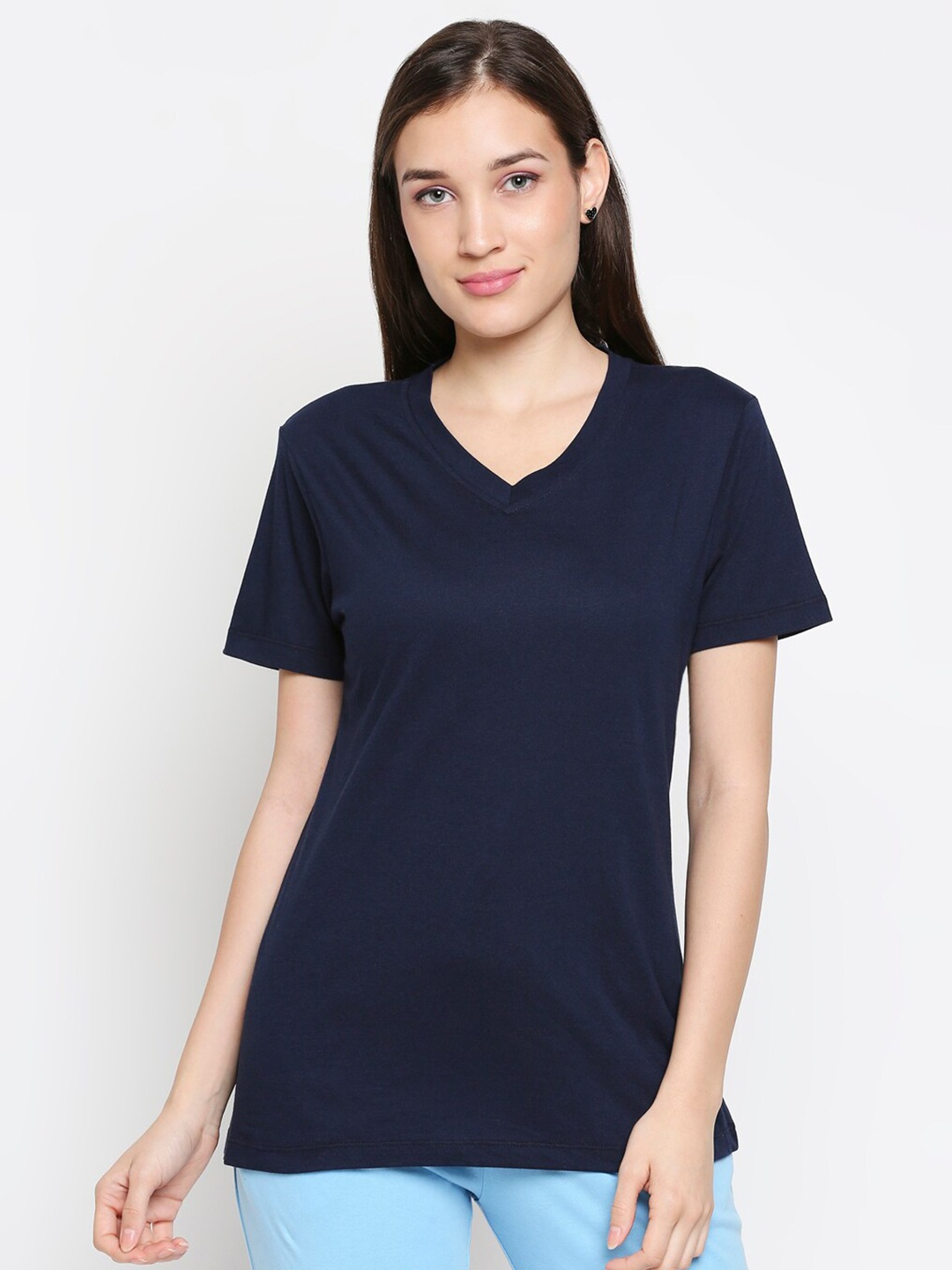 

XIN Women Navy Blue V-NeckT-shirt