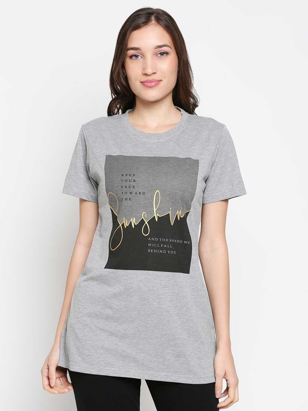 

XIN Women Grey Melange Printed Cotton Lounge T-shirt