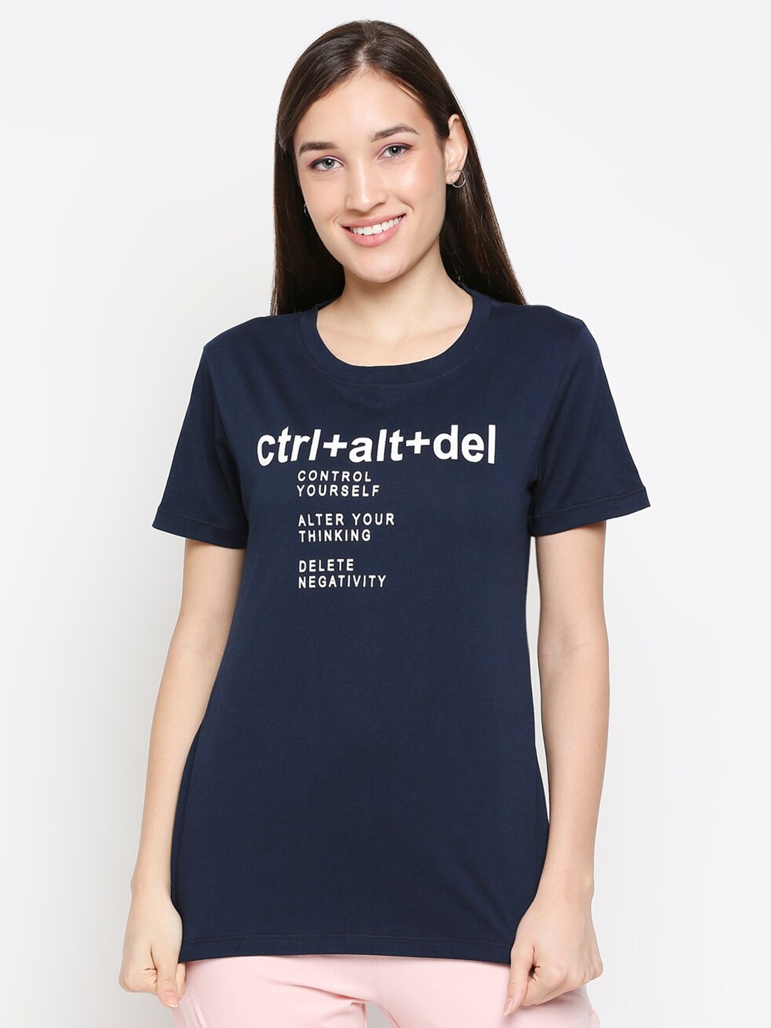 

XIN Women Navy Blue & White Typography Printed Cotton T-shirt