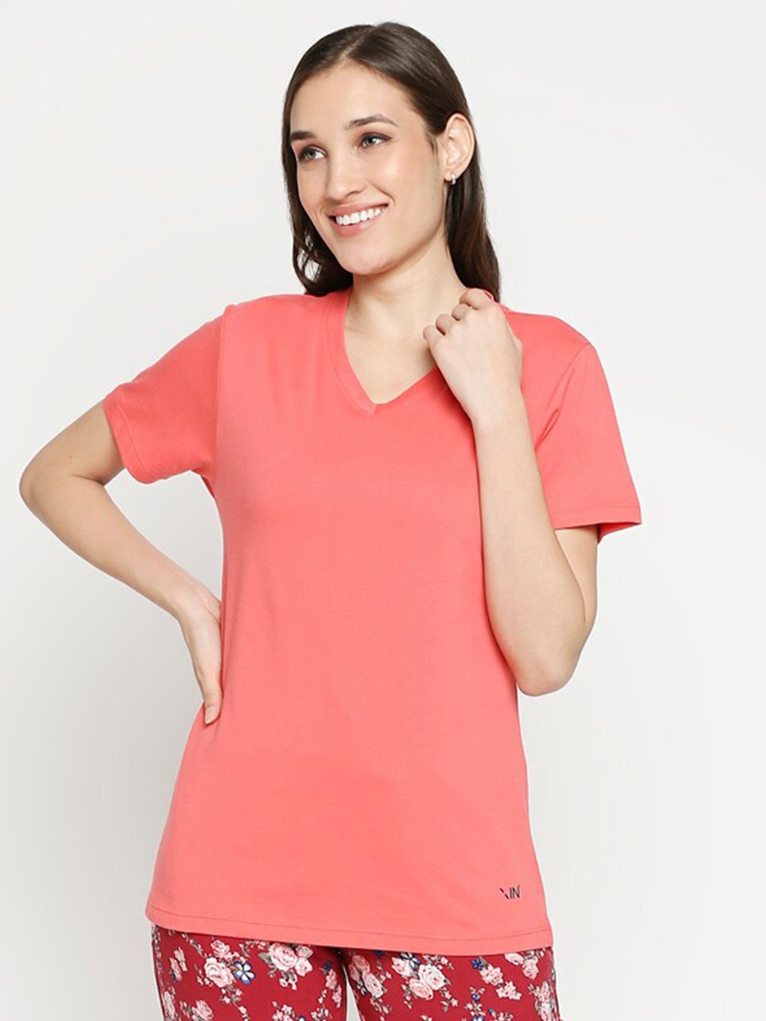 

XIN Women Coral V-Neck Cotton Lounge T-shirt