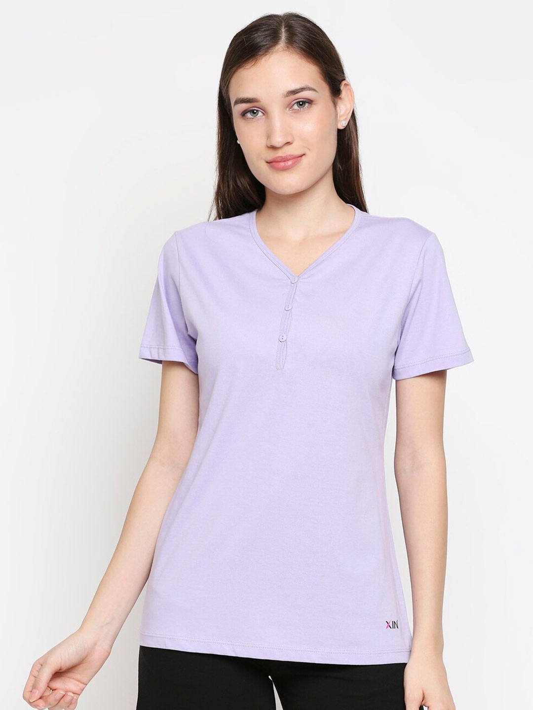 

XIN Women Lavender V-Neck Cotton T-shirt