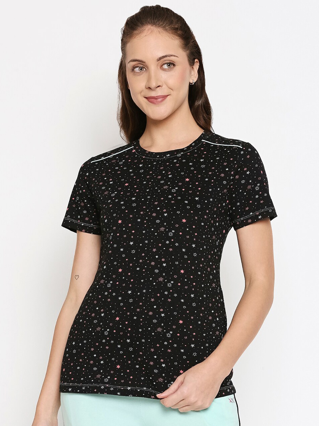 

XIN Women Black Micro Ditsy Printed Cotton Lounge T-shirt