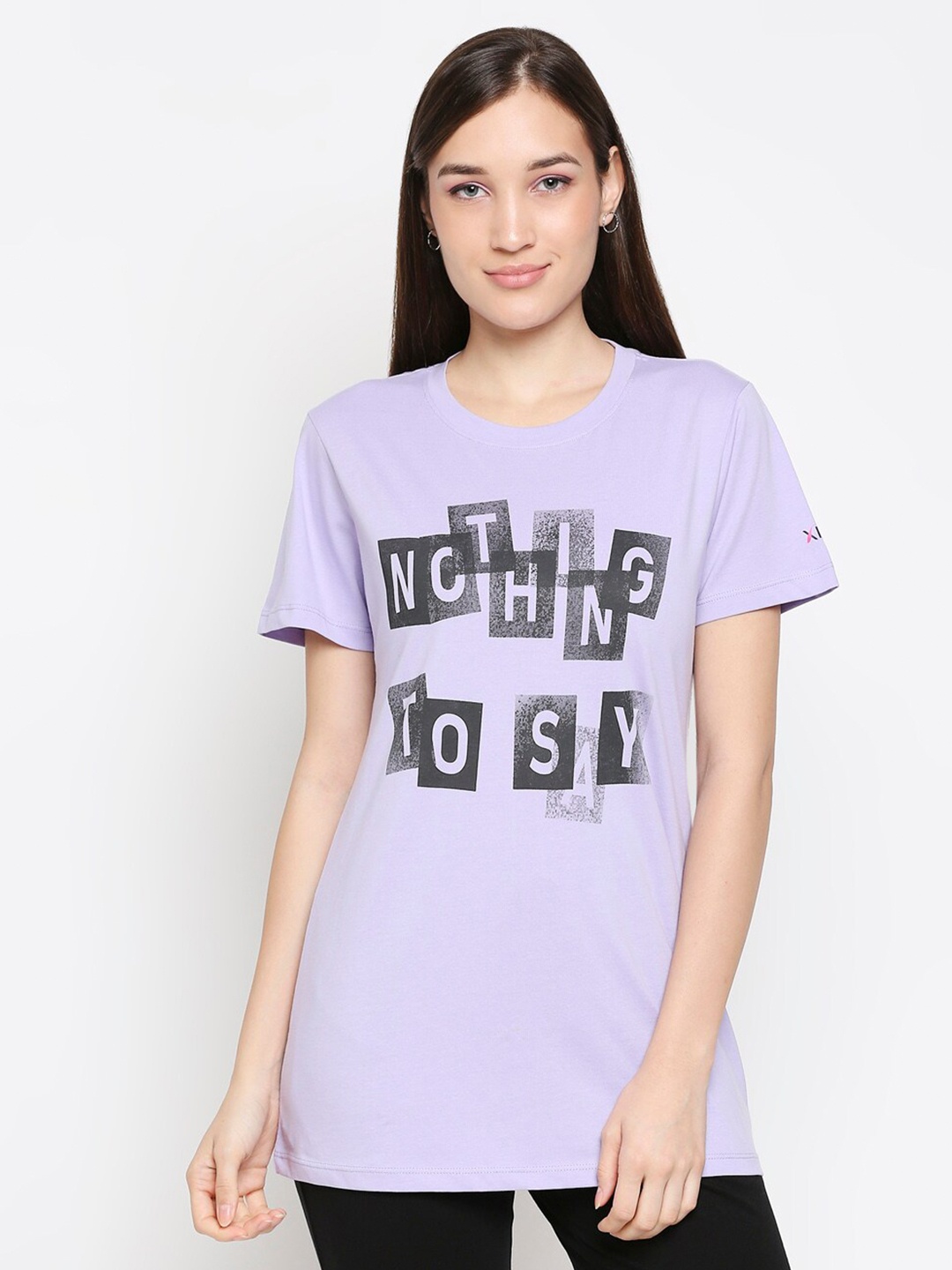 

XIN Women Lavender & Black Printed Cotton Round Neck T-shirt