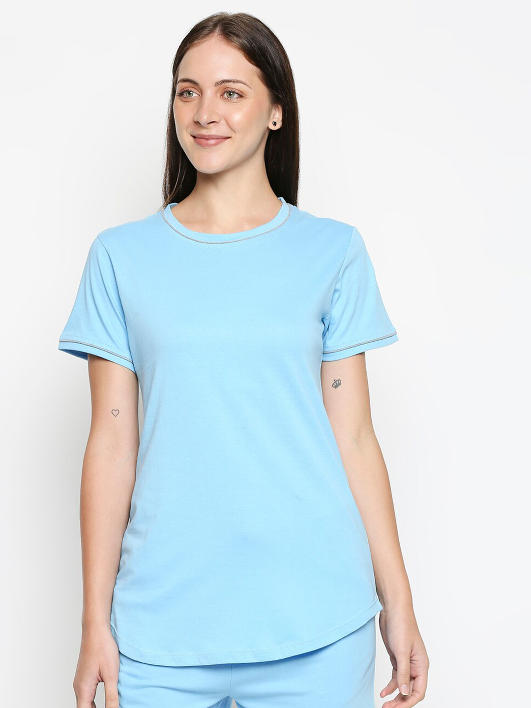 

XIN Women Blue Solid Cotton Lounge T-shirt
