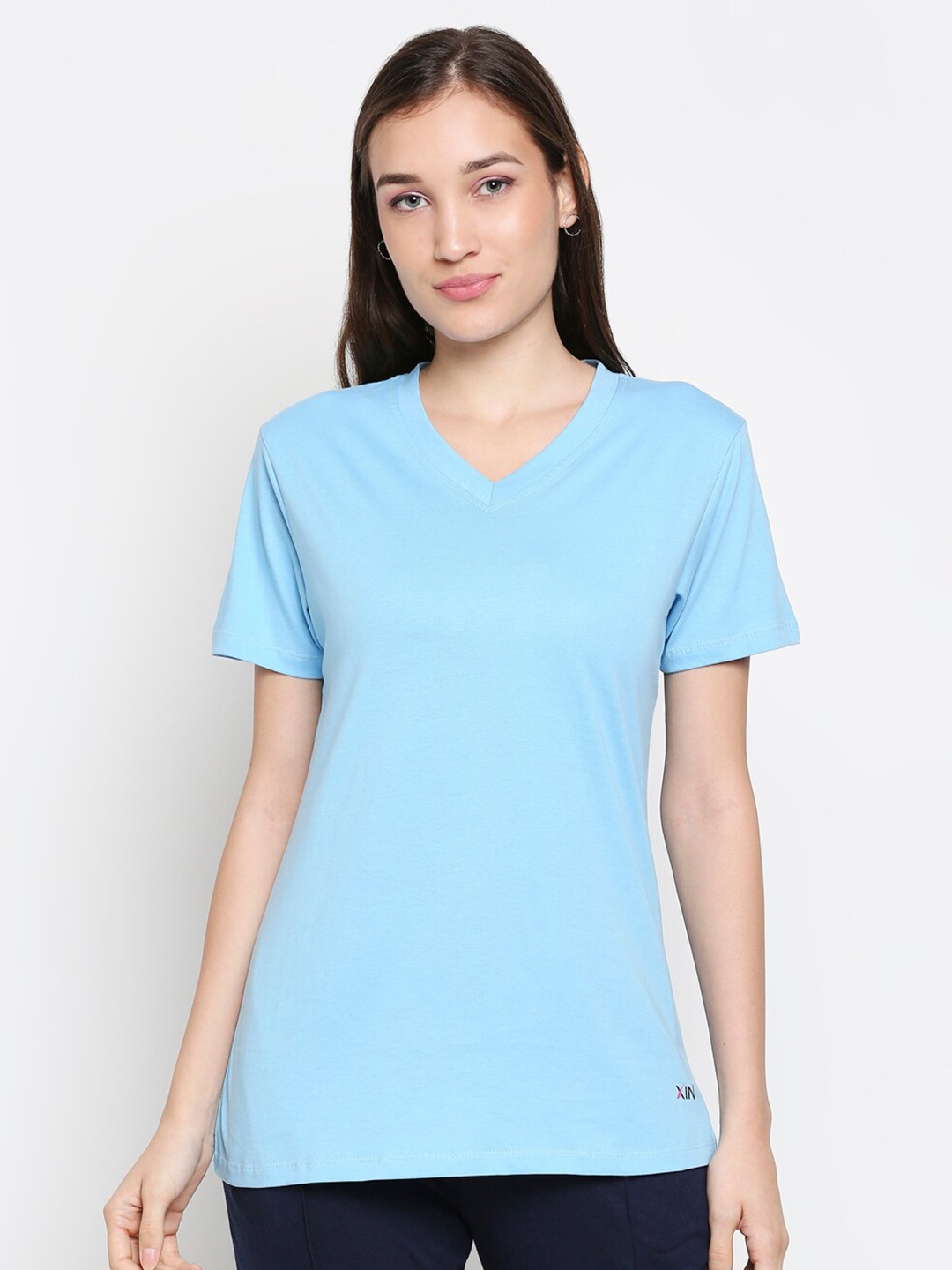 

XIN Women Blue V-Neck Cotton T-shirt