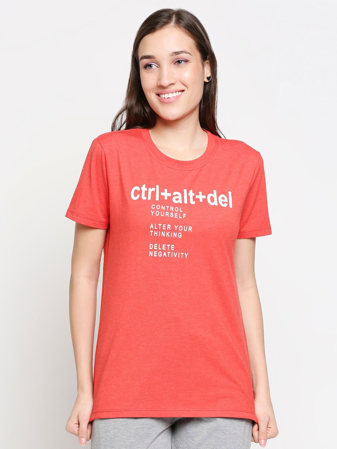 XIN Women Red & White Printed Round Neck Cotton Longline T-shirt
