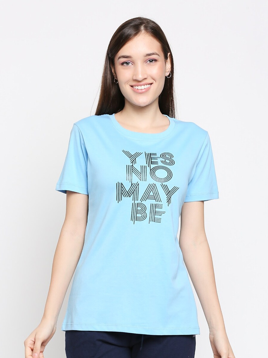 

XIN Women Blue Typography Printed Cotton T-shirt