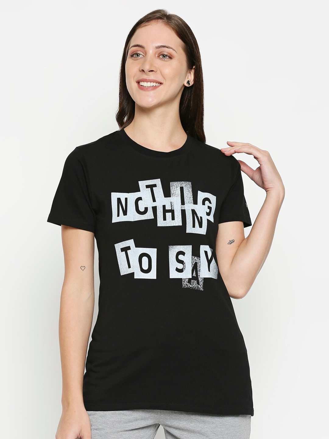 

XIN Women Black Typography Printed Pure Cotton T-shirt