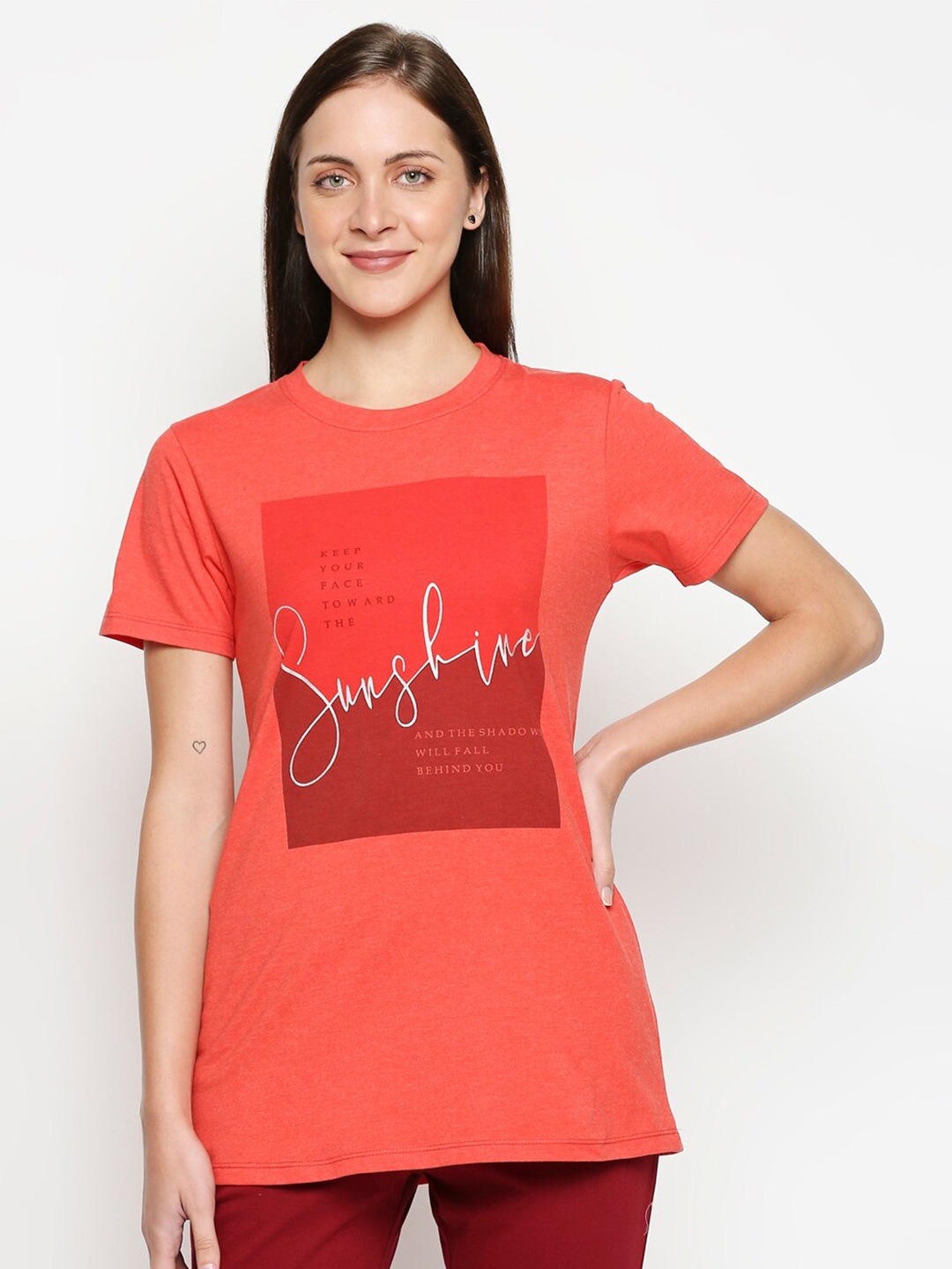 

XIN Women Coral Typography Printed Cotton T-shirt