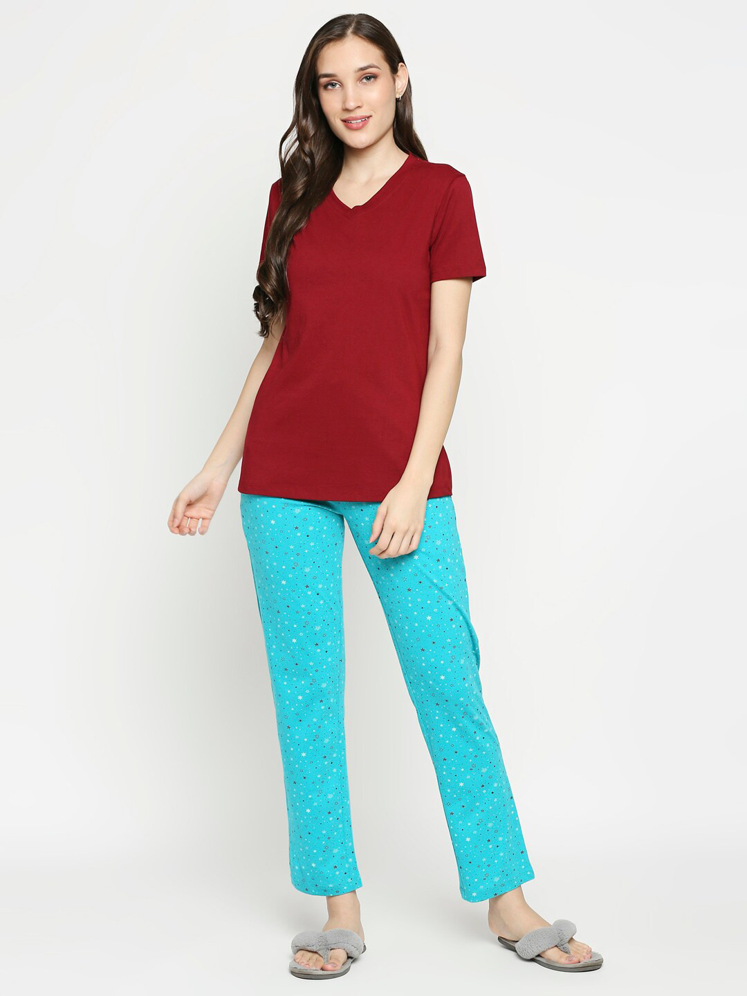 

XIN Women Red V-Neck Cotton T-shirt