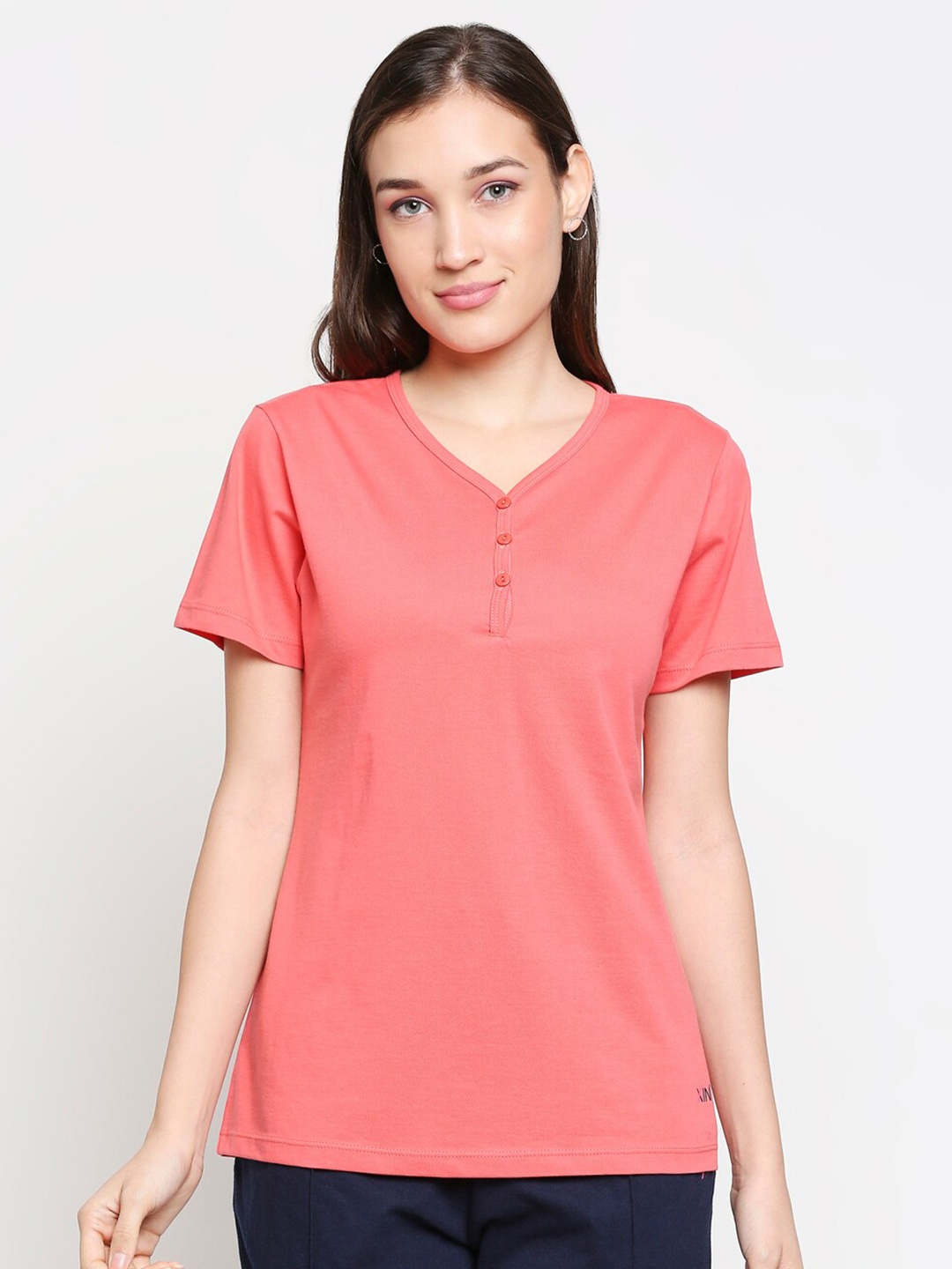 

XIN Women Peach-Coloured Henley Neck T-shirt