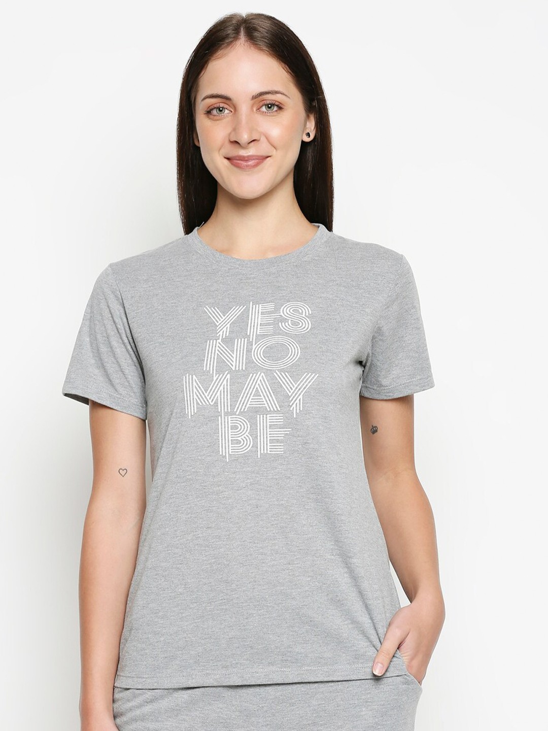 

XIN Women Grey Melange Typography Printed Cotton T-shirt