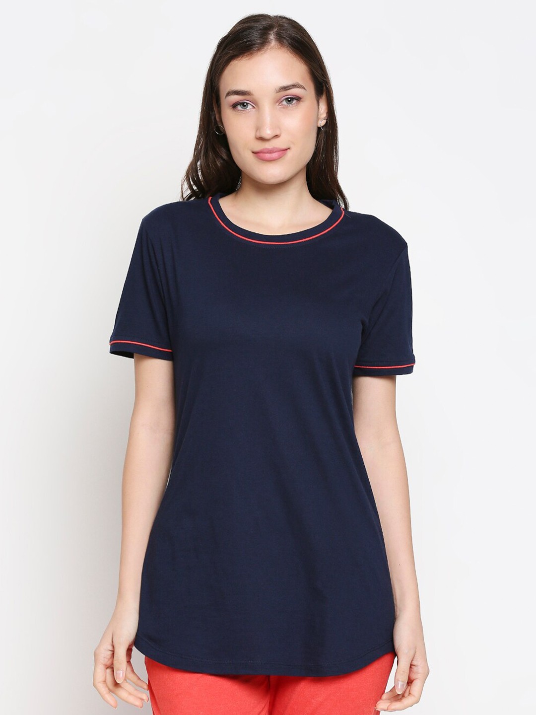 

XIN Women Navy Blue Cotton Longline T-shirt