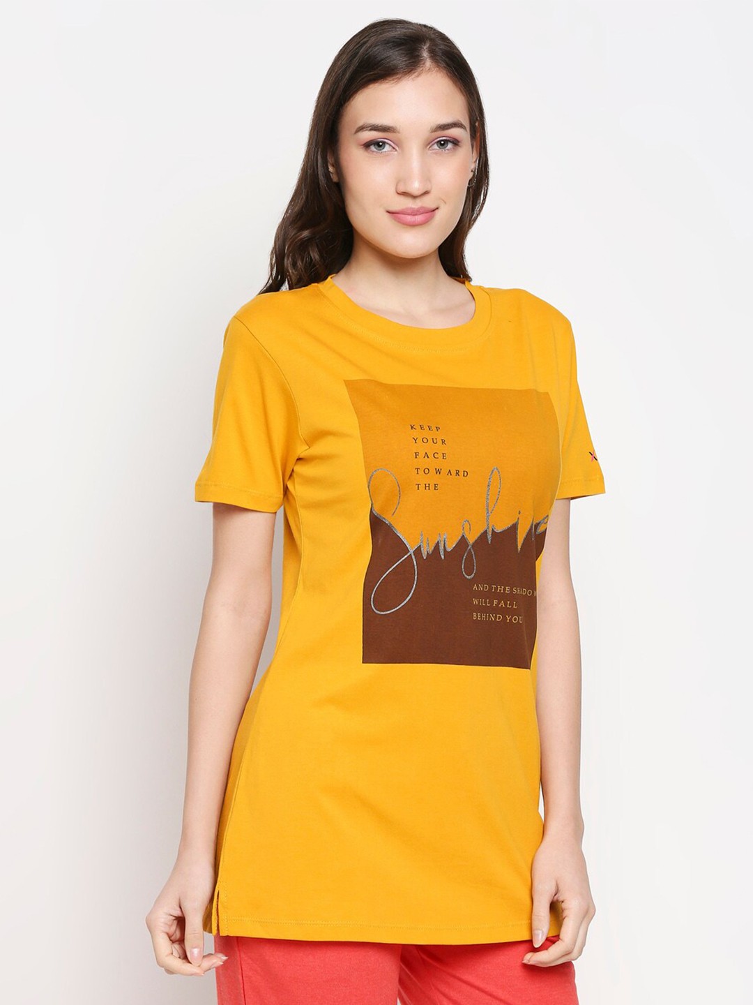 

XIN Women Yellow Typography Printed Longline T-shirt