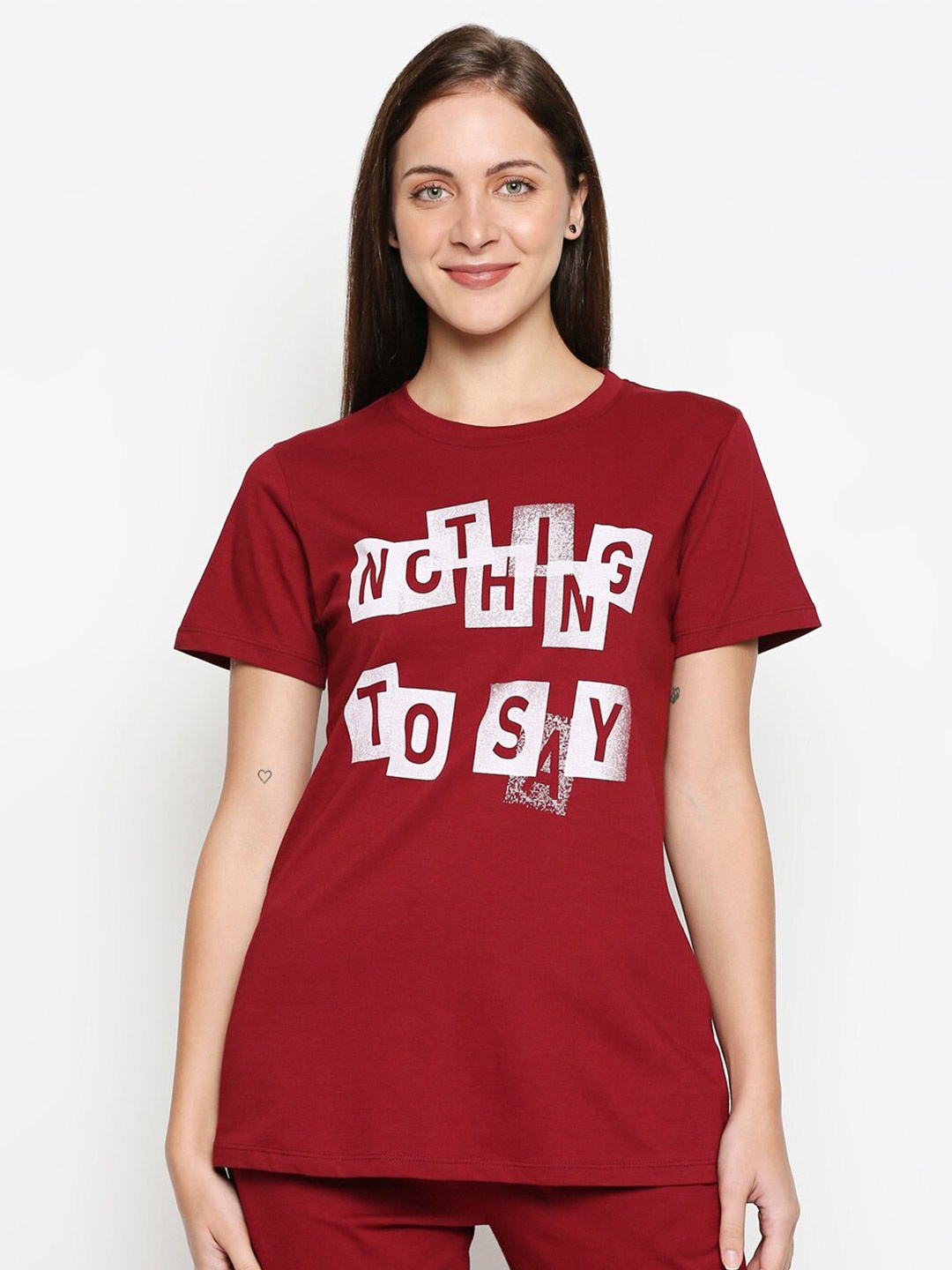 

XIN Women Red & White Typography Printed Cotton T-shirt