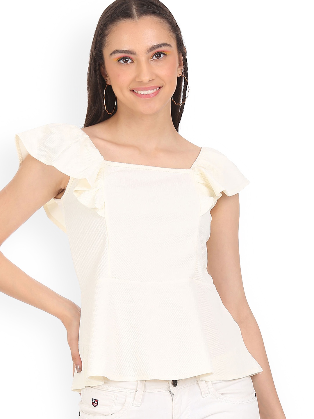 

Sugr Cream-Coloured Flutter Sleeves Top