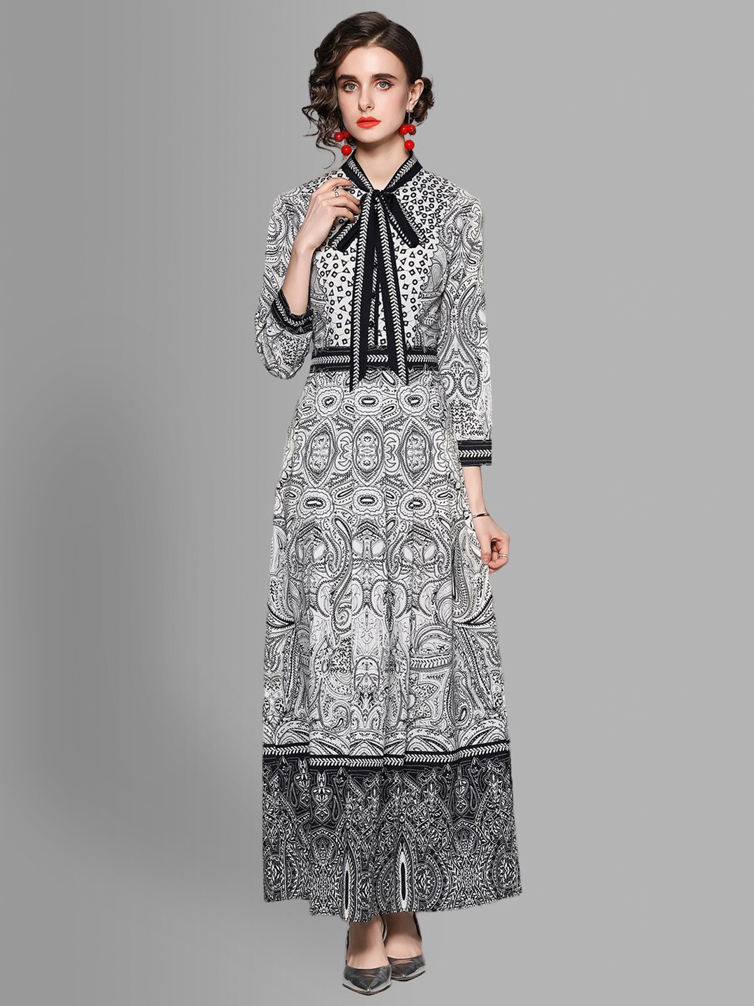 

JC Collection White & Black Ethnic Motifs Tie-Up Neck A-Line Dress