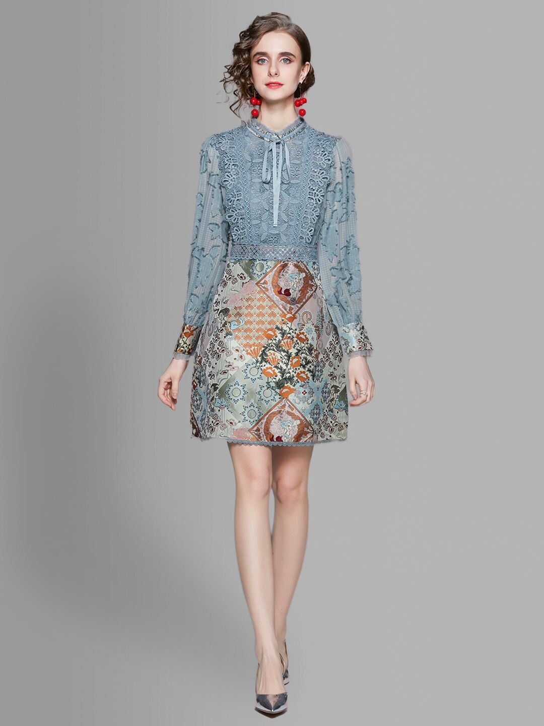 

JC Collection Grey Floral Print Lace Work A-Line Tie-Up Neck Dress