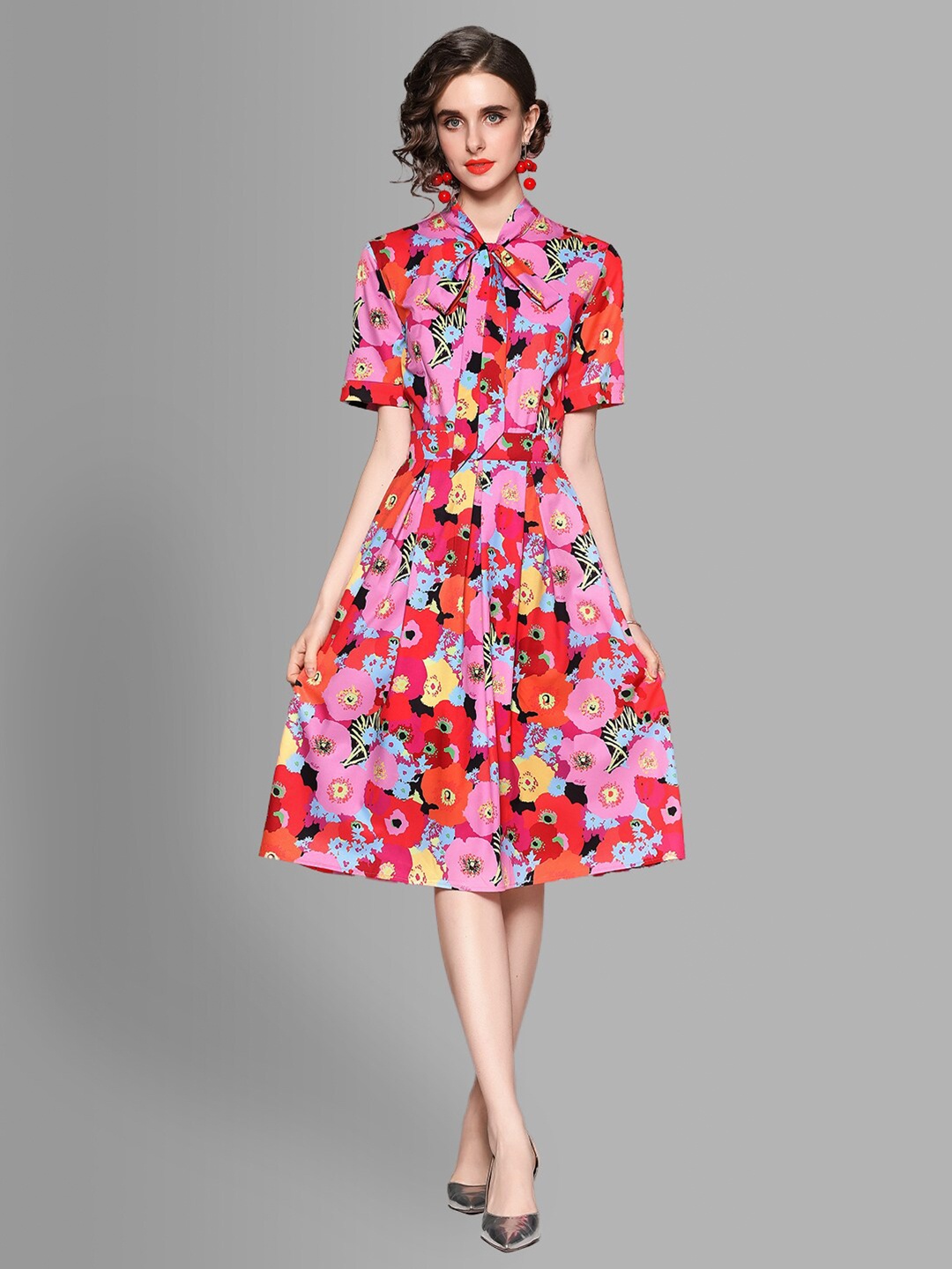 

JC Collection Multicoloured Floral Tie-Up Neck Dress, Multi