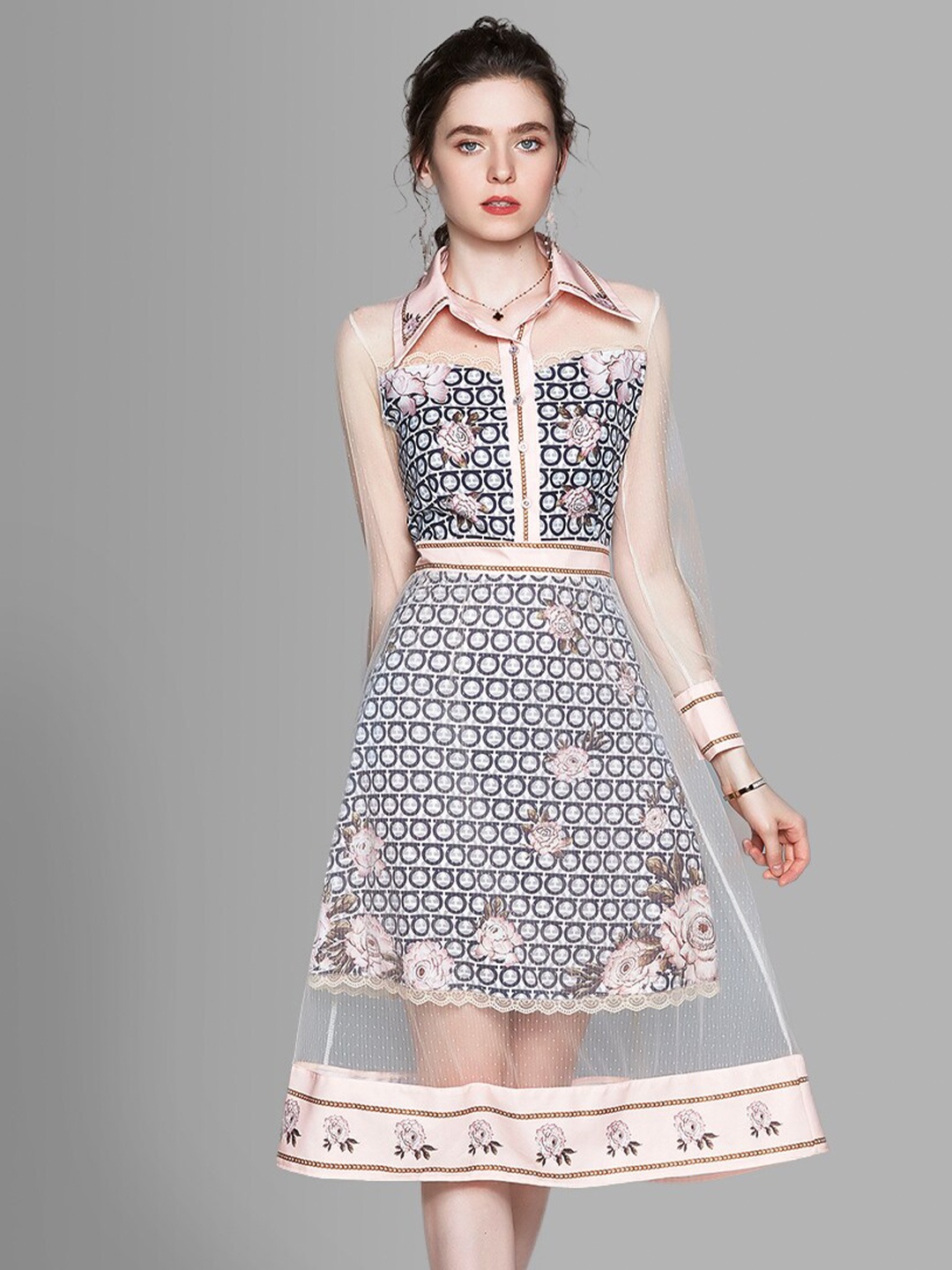 

JC Collection Pink & White Geometric Printed Fit & Flare Dress