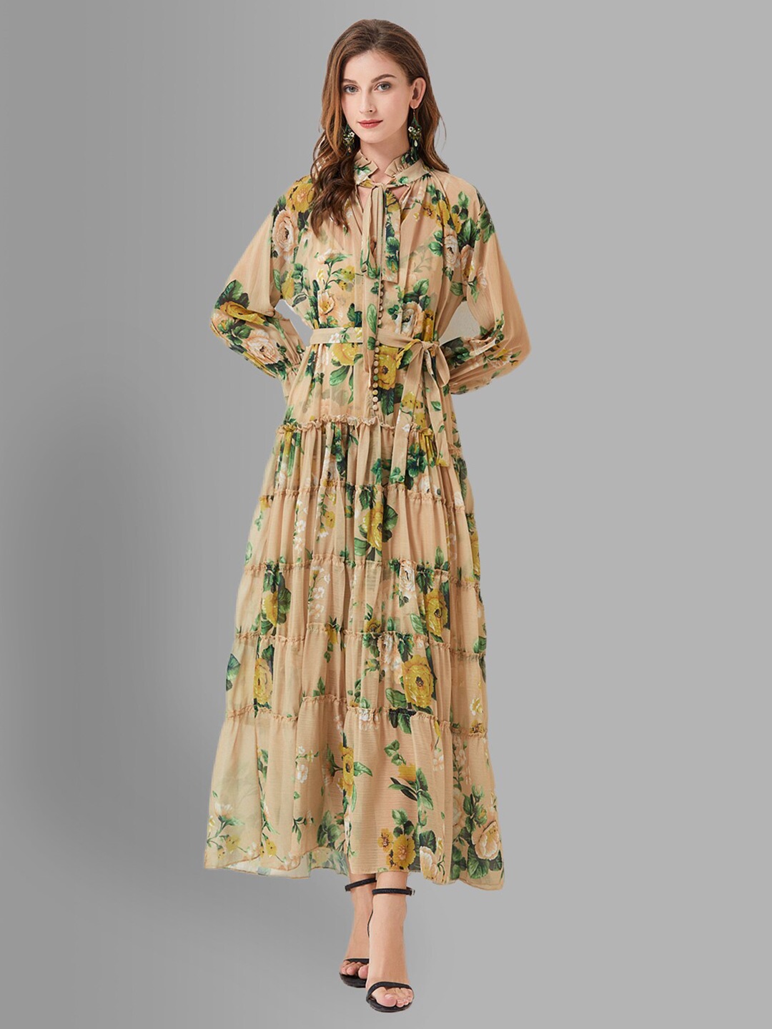 

JC Collection Peach-Coloured & Green Floral Tiered Maxi Dress