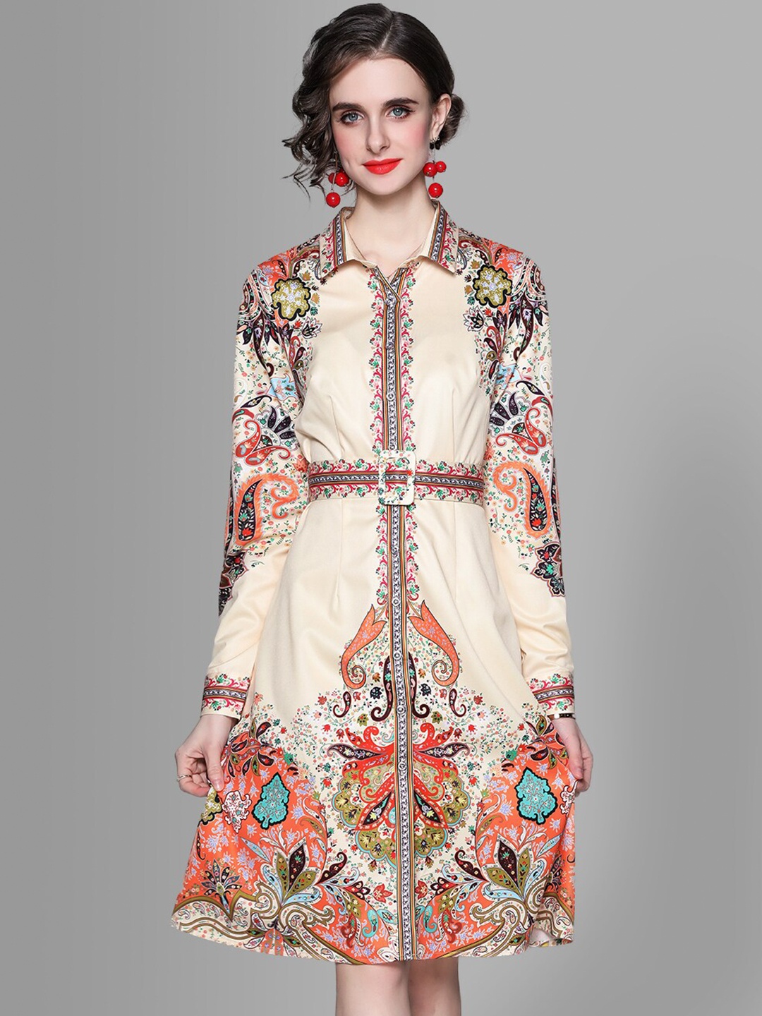 

JC Collection Cream-Coloured & Red Ethnic Motifs Shirt Dress