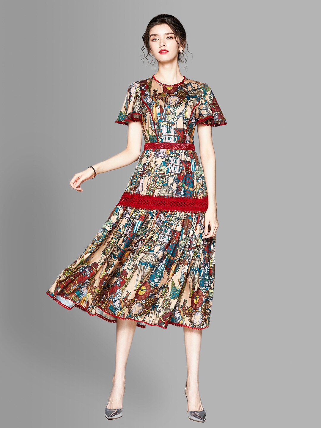 

JC Collection Beige & Red Ethnic Motifs Midi Dress