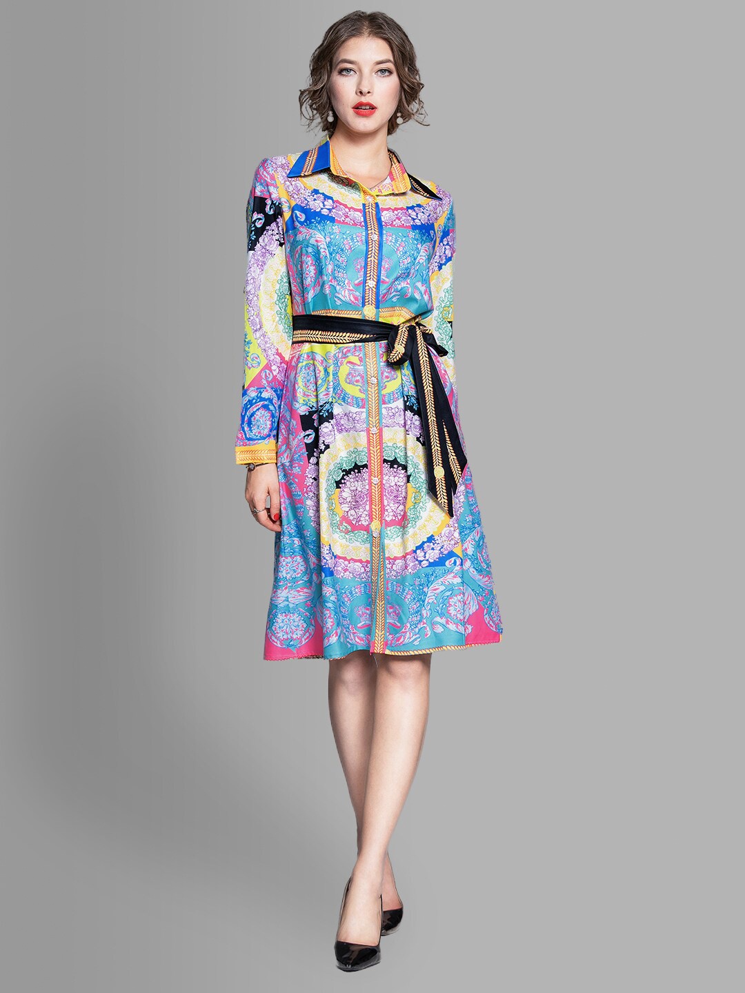 

JC Collection Multicoloured Ethnic Motifs A-Line Dress With Belt, Multi