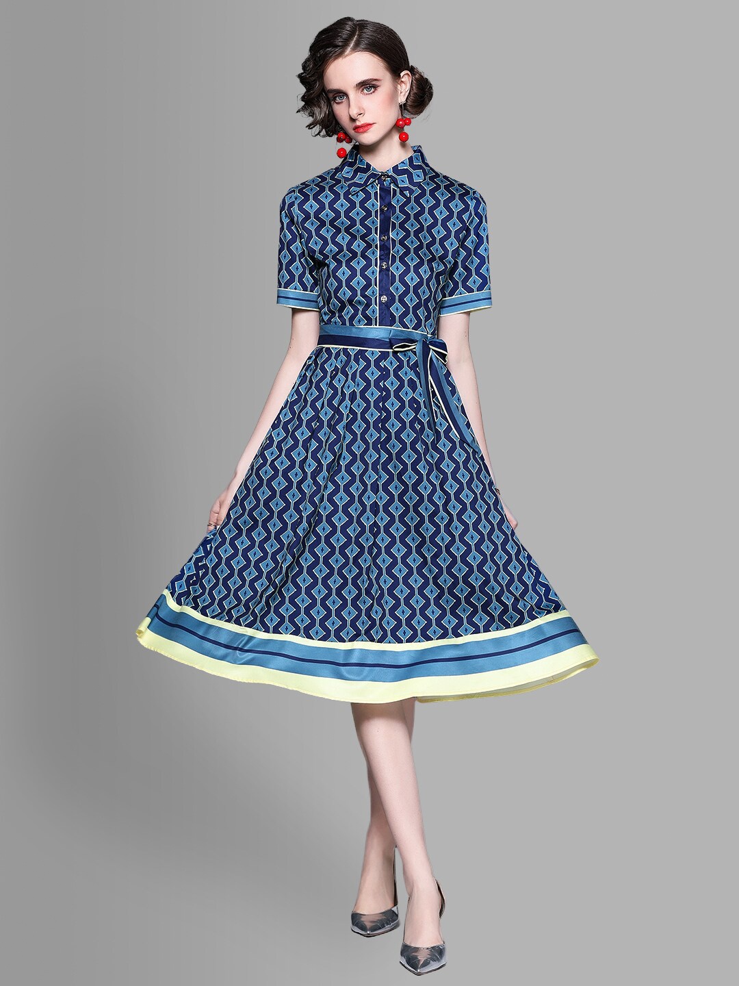 

JC Collection Blue & White Printed Belted Midi Dress