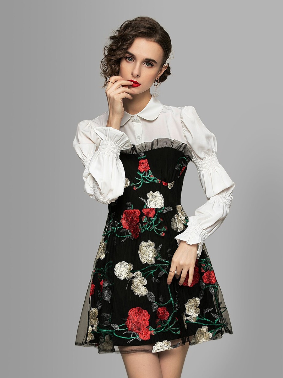 

JC Collection White & Black Floral Peter Pan Collar Dress