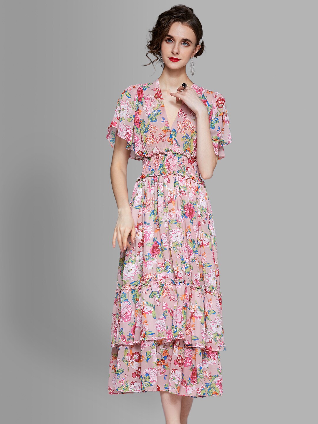 

JC Collection Pink Floral Tiered Midi Dress