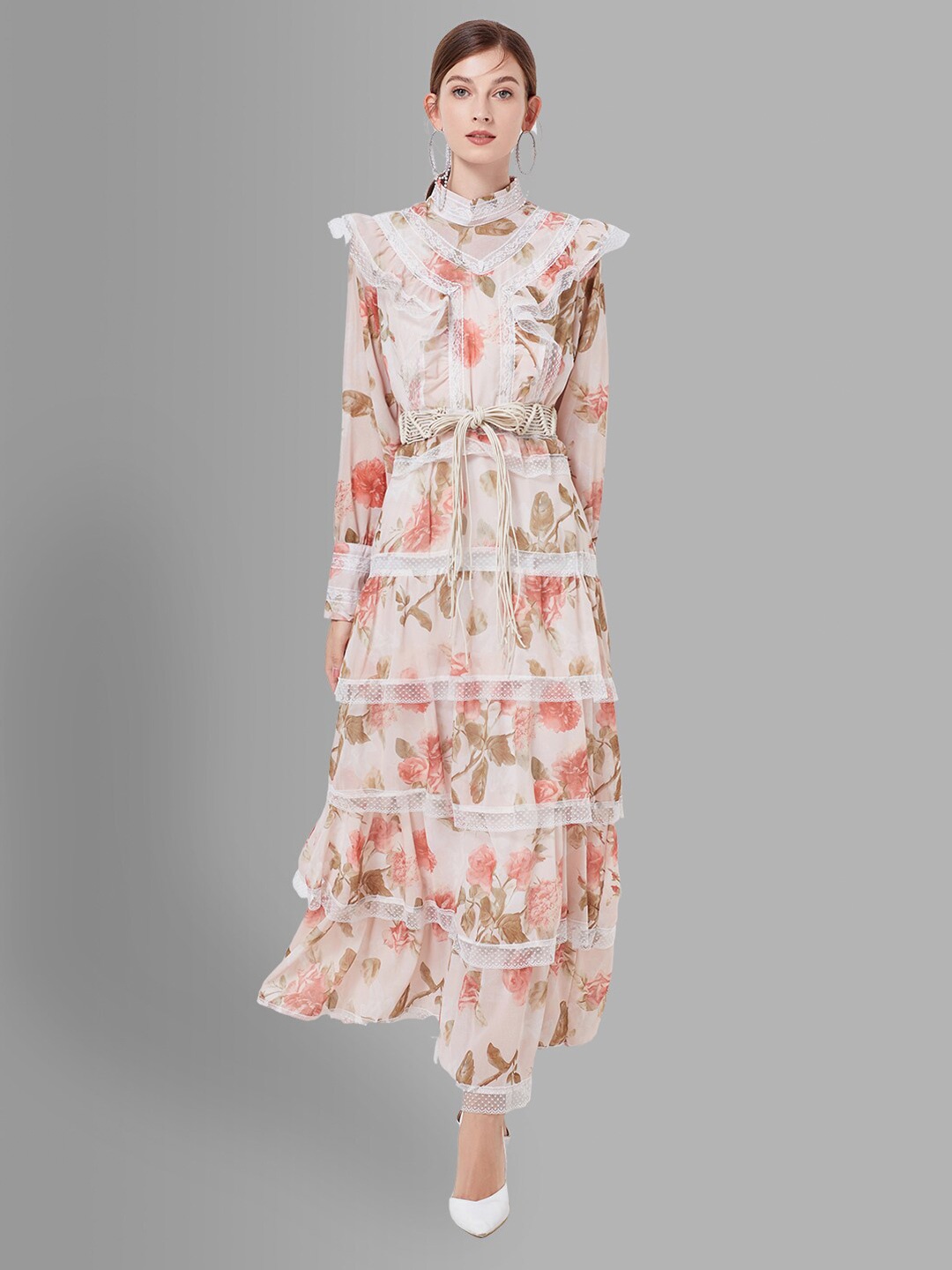 

JC Collection Peach-Coloured Floral Lace Detail Tiered Maxi Dress