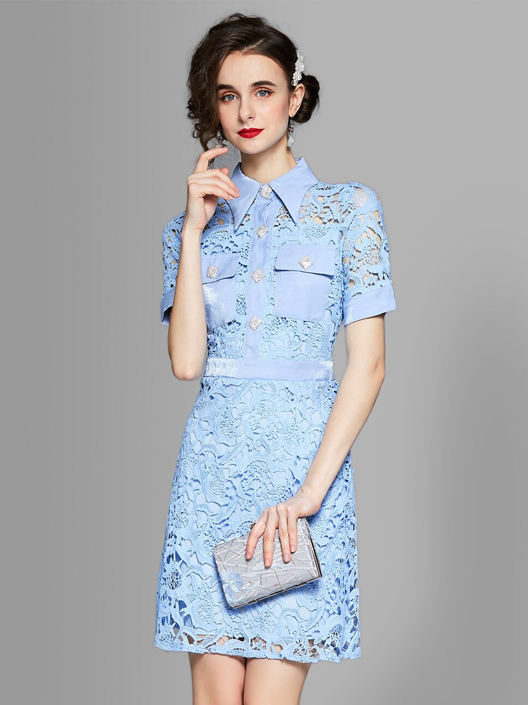 

JC Collection Blue Floral Lace Self Design A-Line Dress