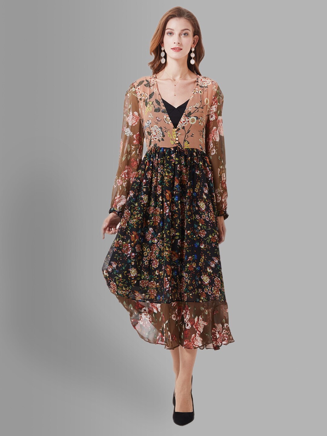 

JC Collection Women Coffee Brown Floral Midi Fit and Flare Dress