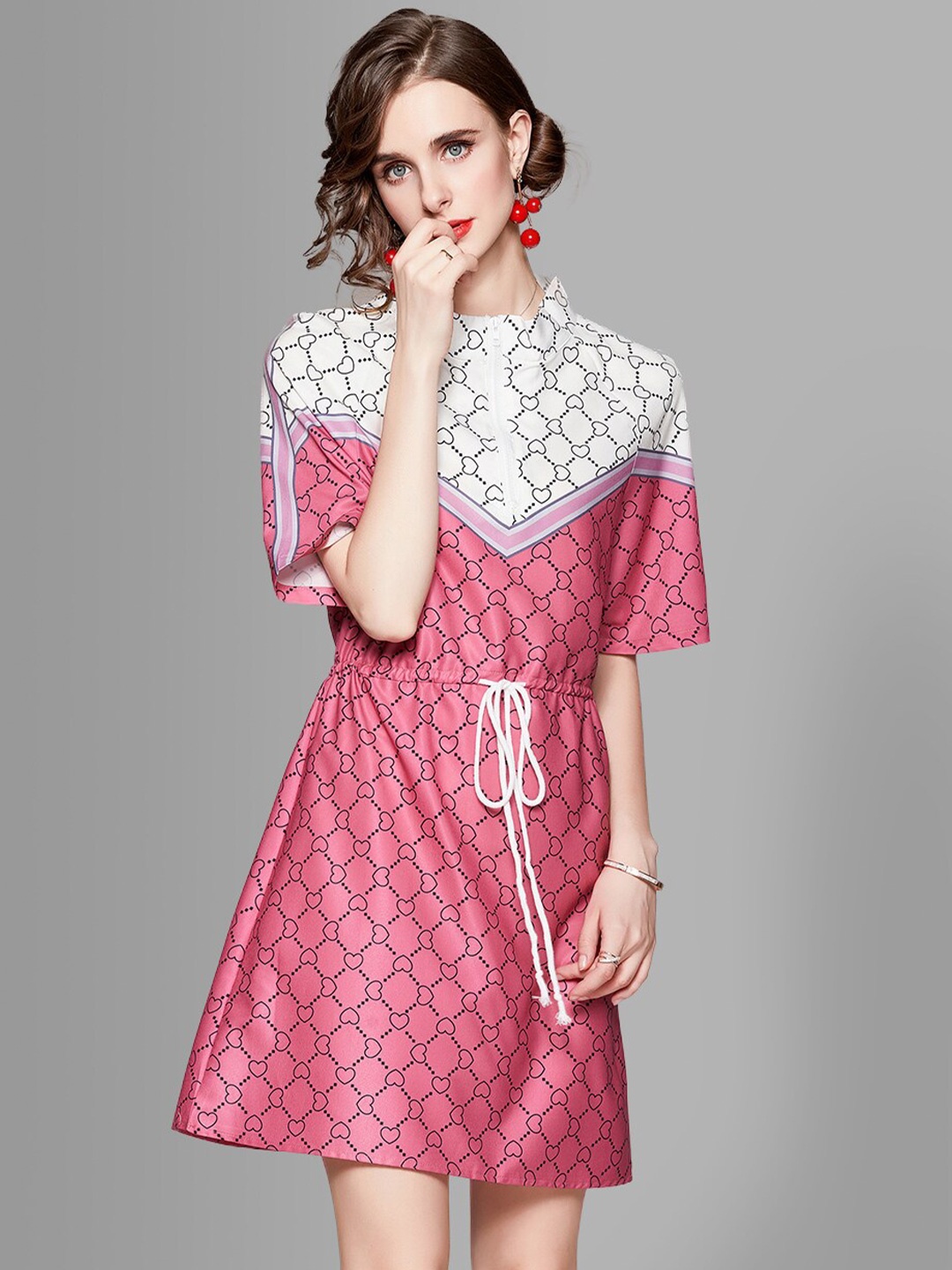 

JC Collection Pink & White A-Line Dress With Tie-Up Detail