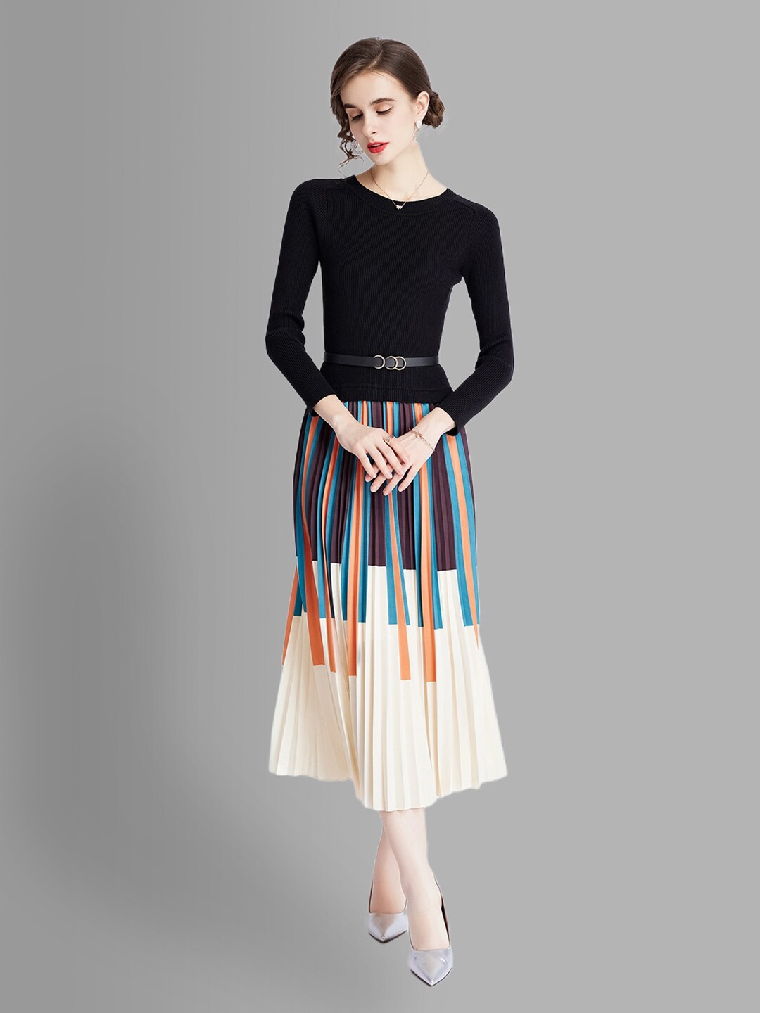 

JC Collection Black & Off White Striped Accordion Pleats Midi Dress