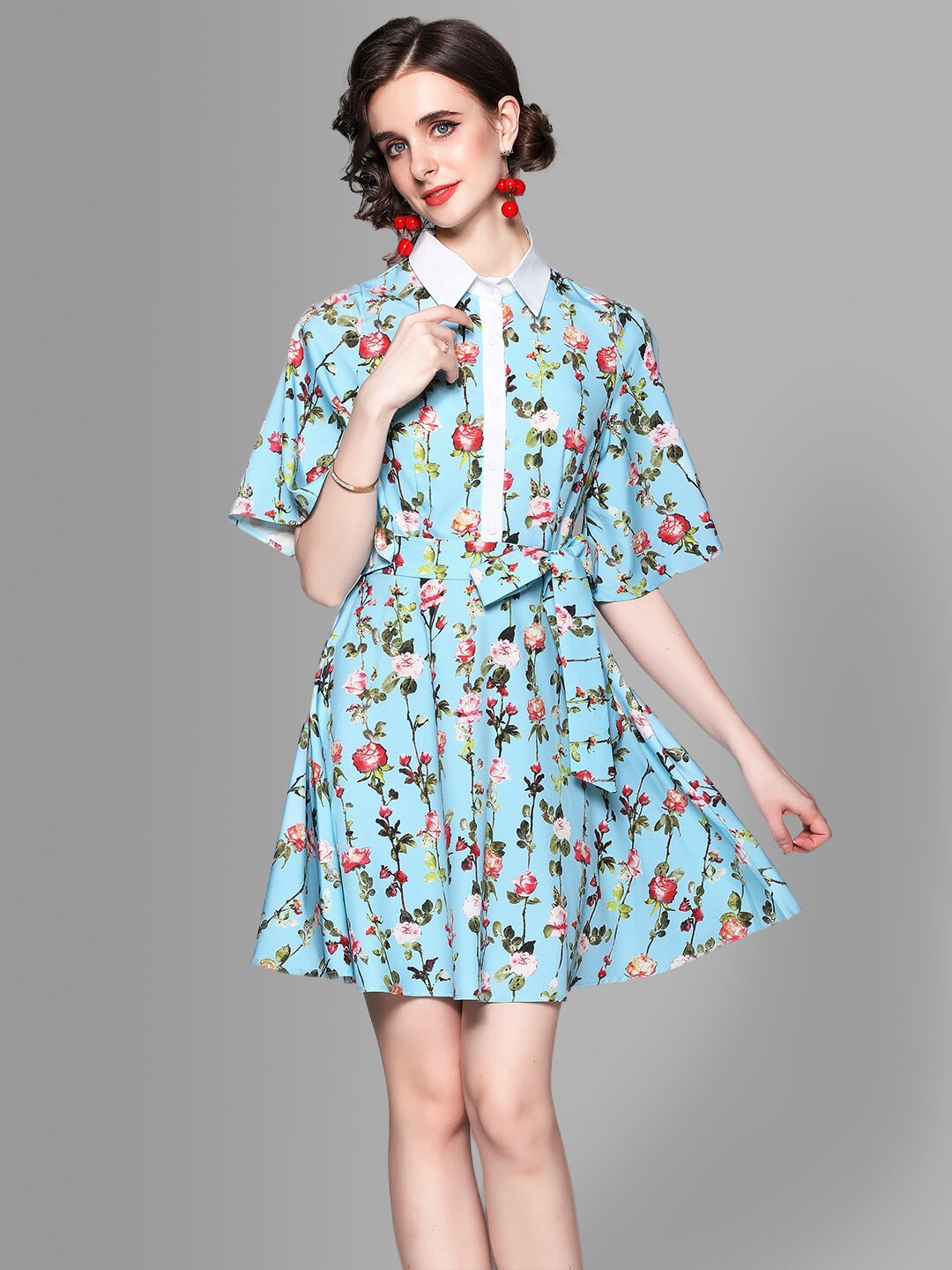 

JC Collection Blue Floral Print Flared Sleeves Tie Up Waist Fit & Flare Dress
