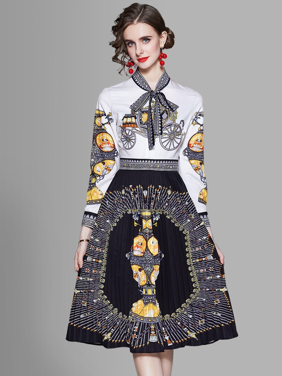 

JC Collection Black & White Ethnic Motifs Tie-Up Neck Dress