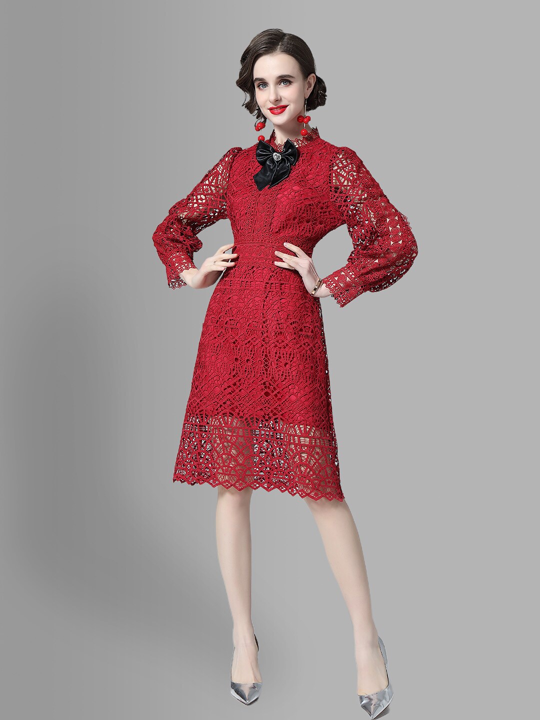 

JC Collection Maroon Self Design A-Line Dress