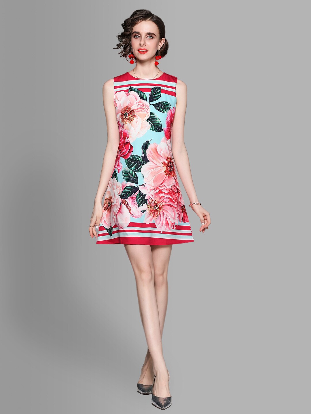 

JC Collection Red & Turquoise Blue Floral Printed A-Line Dress