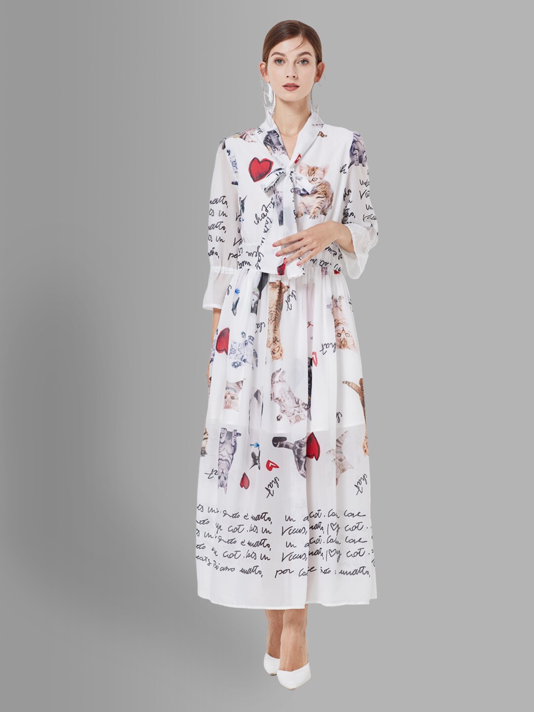 

JC Collection Women White Floral Printed Tie-Up Neck Maxi Dress