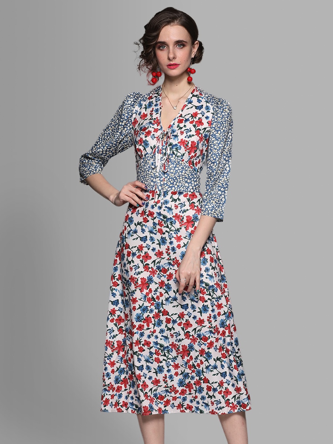 

JC Collection Women Blue & White Floral Tie-Up Neck A-Line Dress