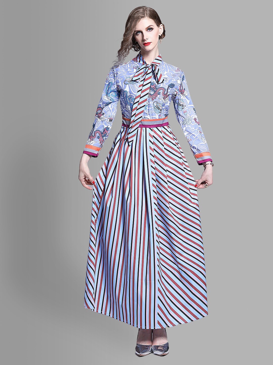 

JC Collection Women Blue & White Striped Tie-Up Neck Maxi Dress