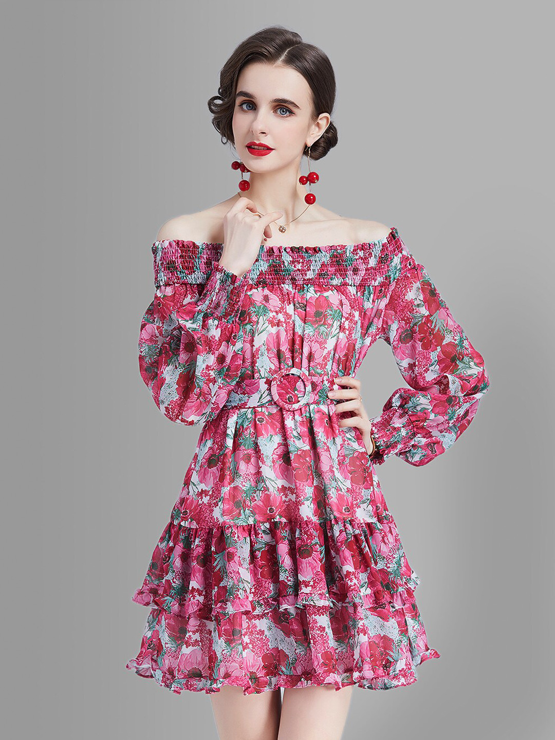 

JC Collection Red & Pink Floral Off-Shoulder Dress
