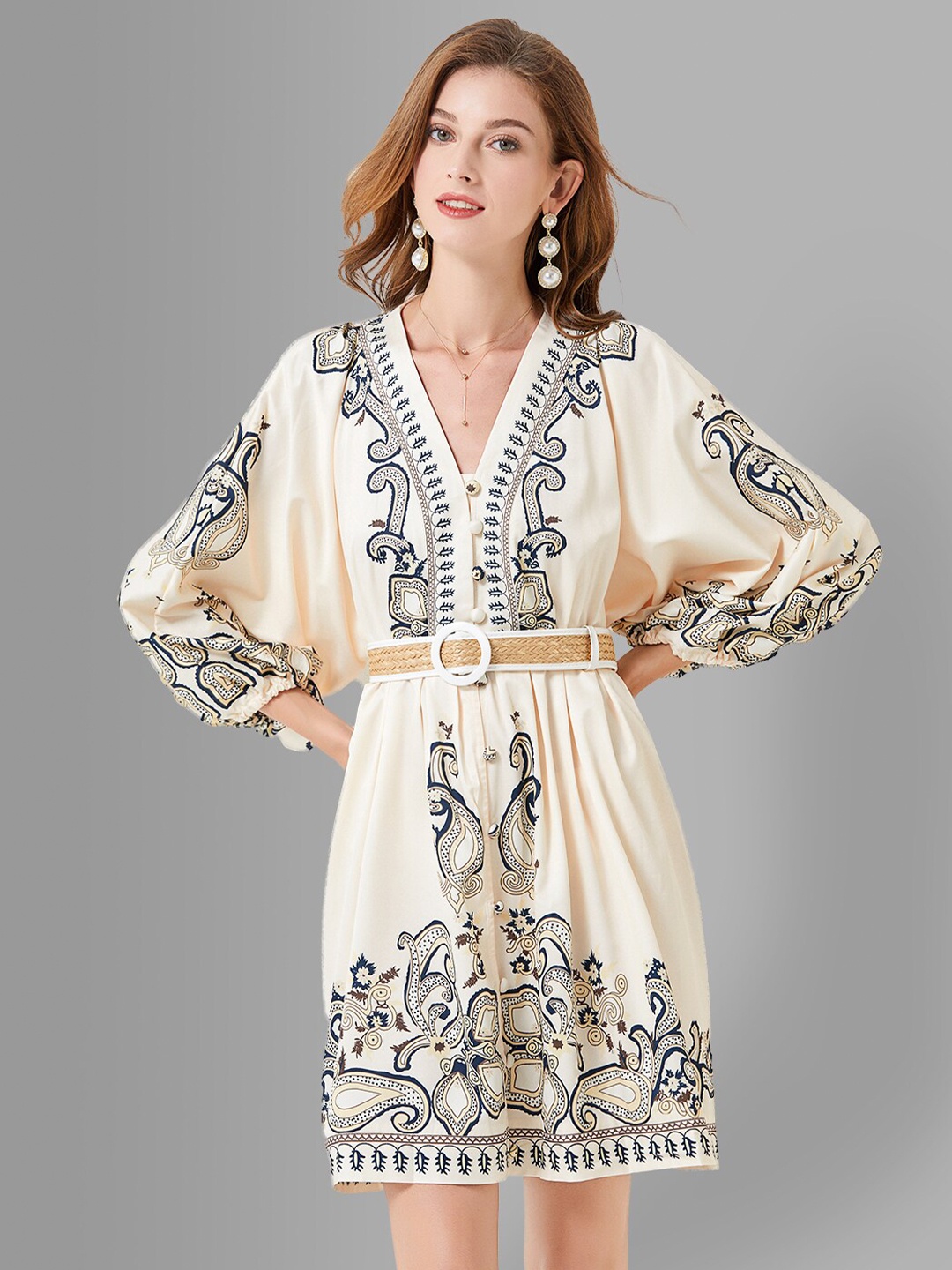 

JC Collection Beige & Black Ethnic Motifs Printed Belted Fit & Flare Dress