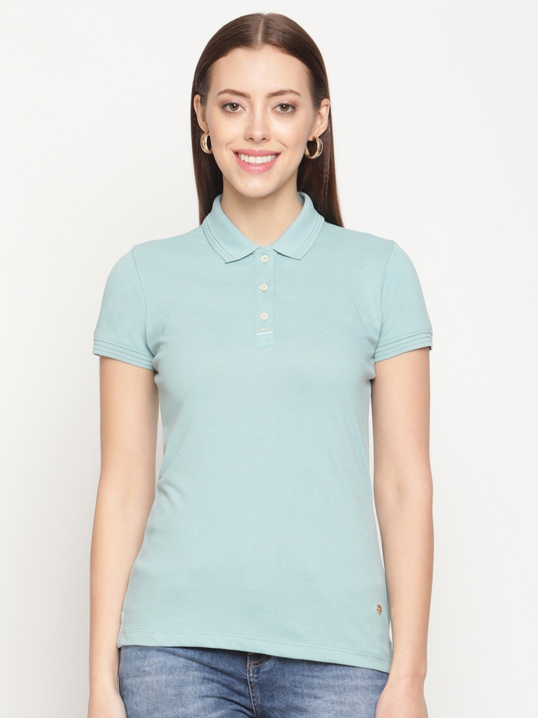 

METTLE Women Blue Polo Collar Cotton T-shirt