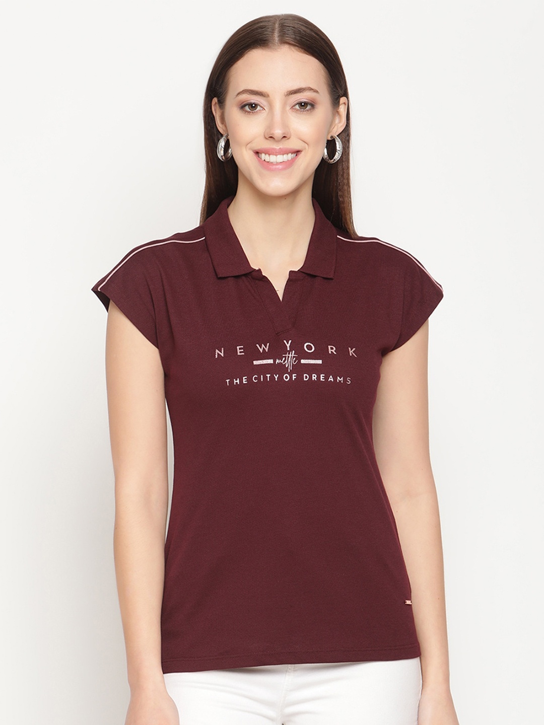 

METTLE Women Maroon Printed Polo Collar T-shirt