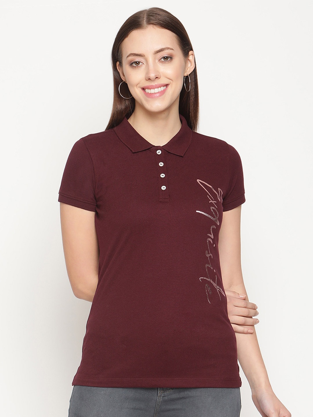 

METTLE Women Maroon Printed Polo Collar Cotton T-shirt