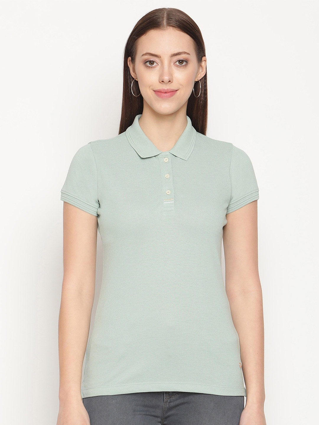 

METTLE Women Green Polo Collar Cotton T-shirt