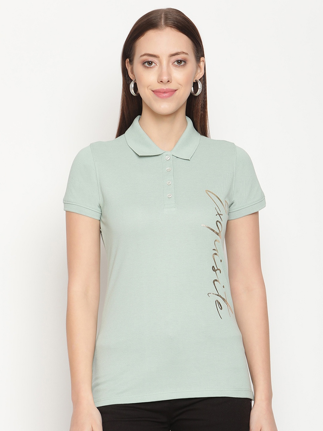 

METTLE Women Green Typography Polo Collar T-shirt